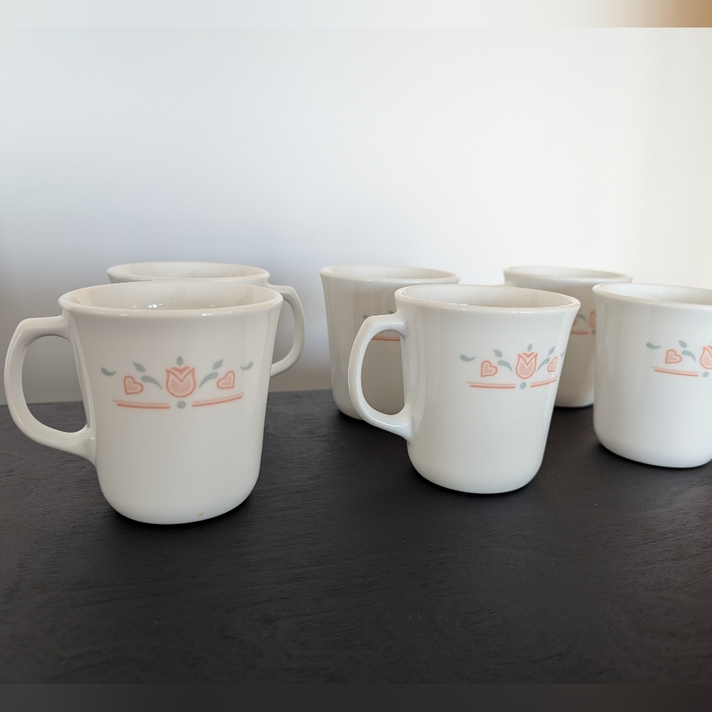Vintage Corelle Pink Tulip Floral White Ceramic Mugs Set (7 Mugs)